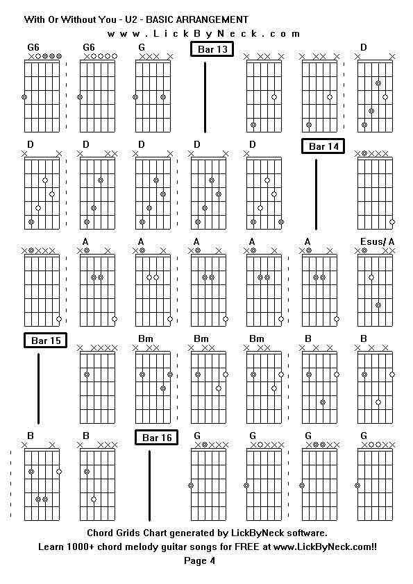 Chord Grids Chart of chord melody fingerstyle guitar song-With Or Without You - U2 - BASIC ARRANGEMENT,generated by LickByNeck software.